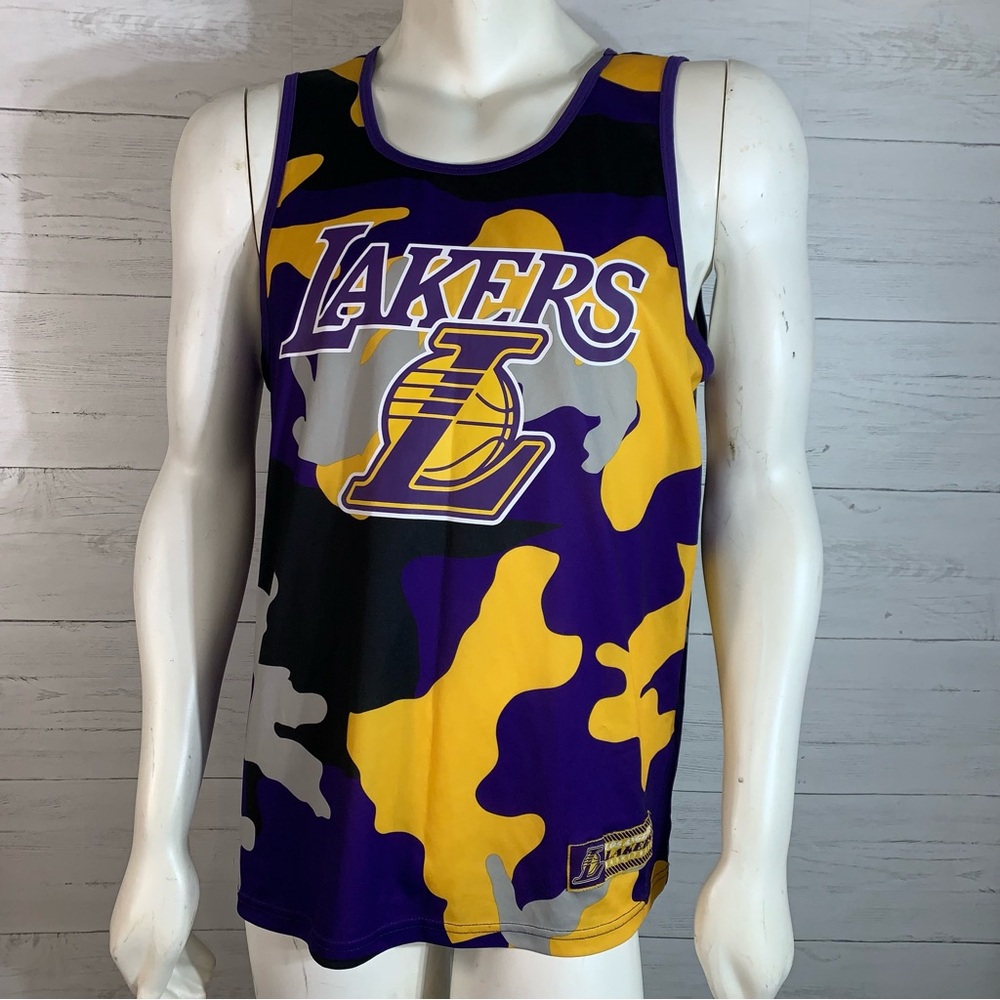 NBA Los Angeles Lakers Polyester Basketball Jersey Purple Gold Camo L READ